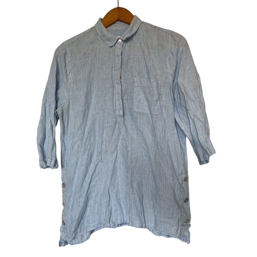 J. Jill Tunic Top Womens Large Blue White Pinstripe Linen 3/4 Sleeve Button Side